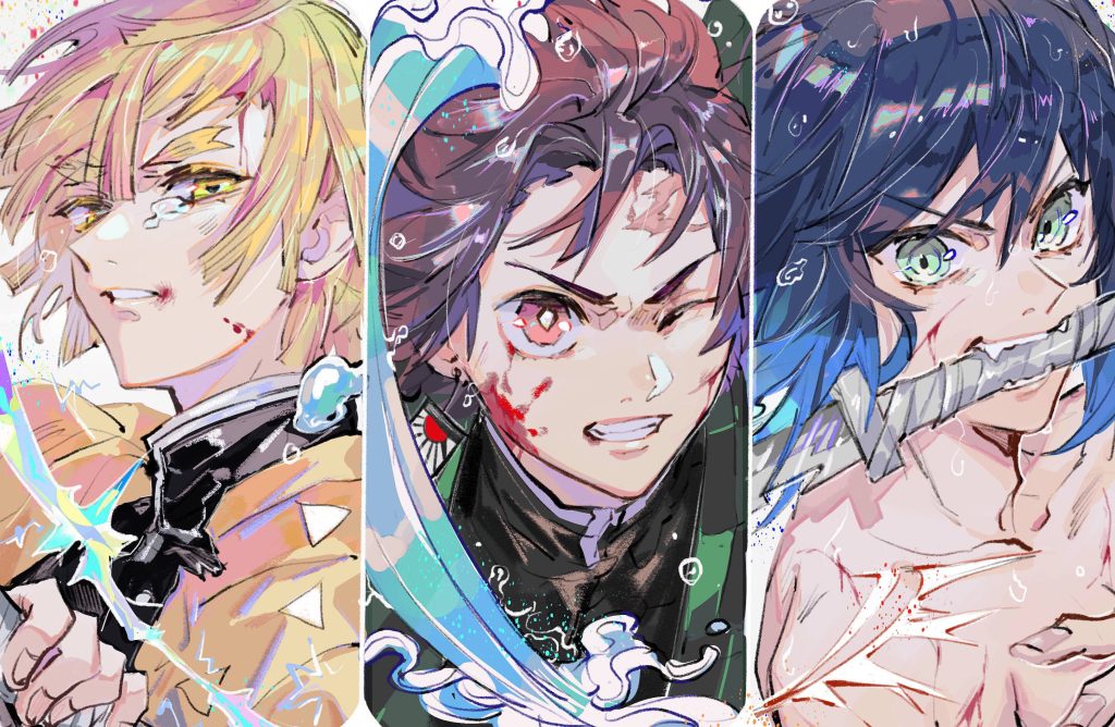 Demon Slayer wallpaper with Zenitsu Tanjiro Inosuke intense anime combat digital art panels