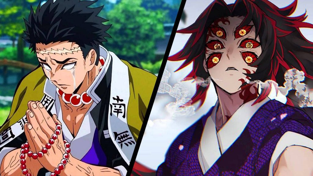 Demon Slayer wallpaper featuring Stone Hashira Gyomei Himejima and Upper Moon Kokushibo split-screen