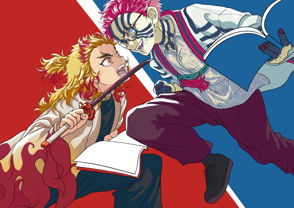 Kyojuro Rengoku and Akaza intense standoff anime wallpaper Kimetsu no Yaiba background