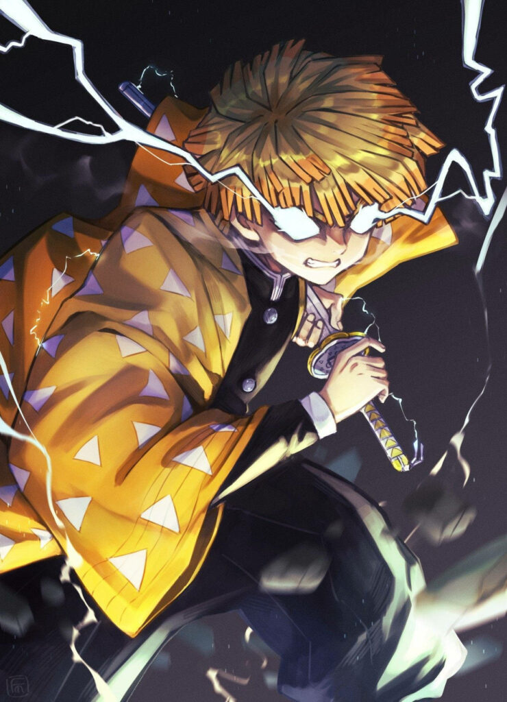 Frozen in Lightning Fury: Zenitsu's Thunder Breathing Unleashed Wallpaper