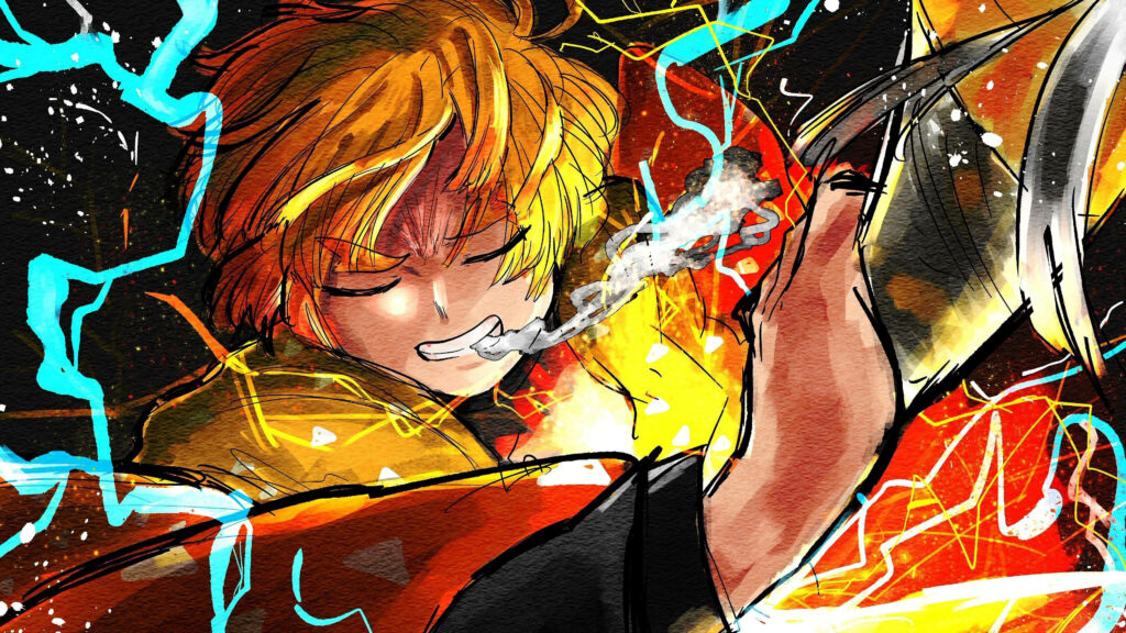 Dynamic Display of Zenitsu Agatsuma's Swordsmanship in the Demon Slayer Zenitsu Digital Artwork Wallpaper
