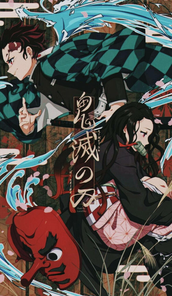 Fierce Battleground: Tanjiro Unleashes His Tenth Form while Nezuko Wears Urokodaki's Mask Wallpaper