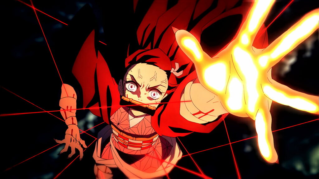 Serenity in Scarlet: Captivating HD Wallpaper of Nezuko Kamado from Anime Masterpiece Demon Slayer Kimetsu no Yaiba