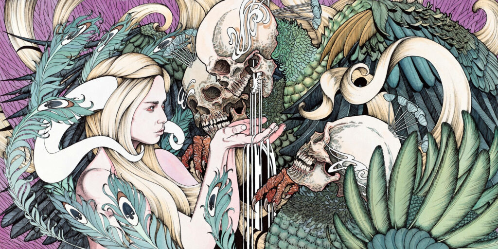 Demonic Elegance: A Psychedelic Fusion of Skeletons, Skulls, and Birds in an Awe-Inspiring Dark Desktop Artwork Wallpaper