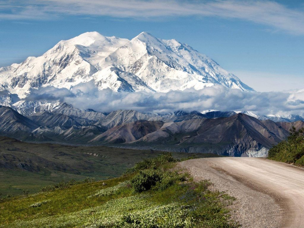 Denali mountain towering over winding path through lush green Alaskan tundra landscape wallpaper