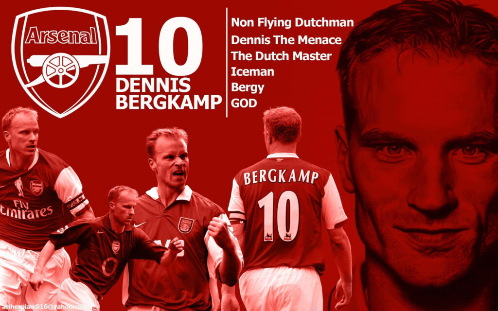 Arsenal FC Dennis Bergkamp collage poster with red background iconic number 10 football legend Wallpaper