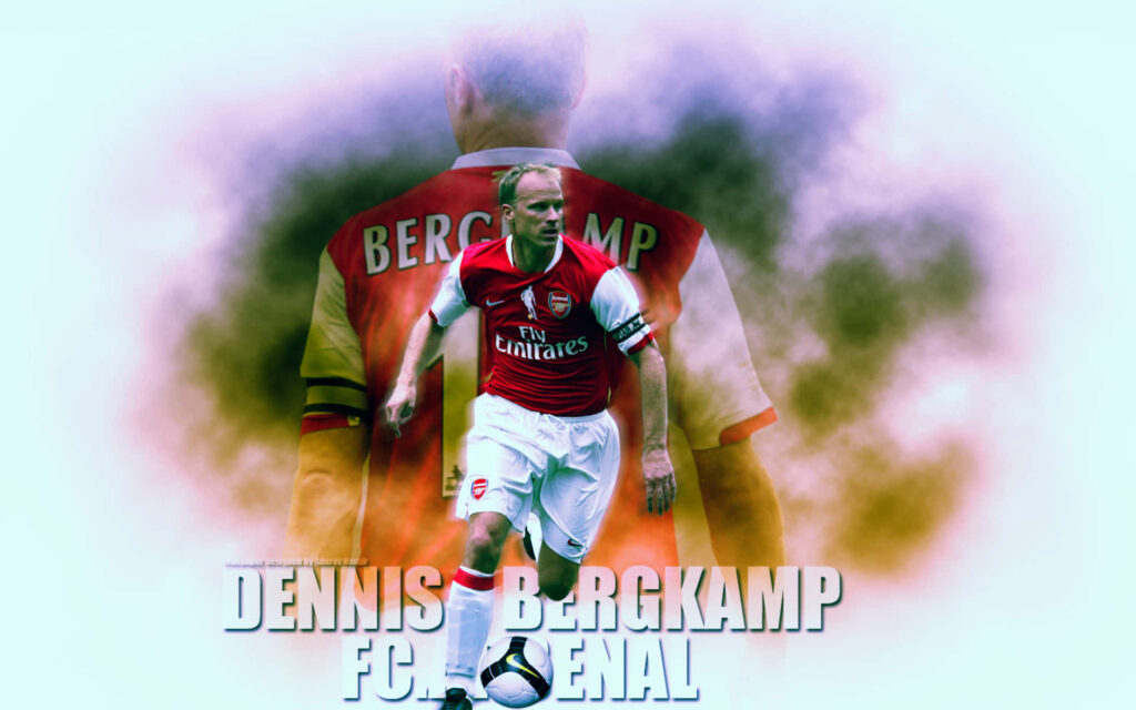Dennis Bergkamp Arsenal wallpaper in action kit with misty background and bold name display