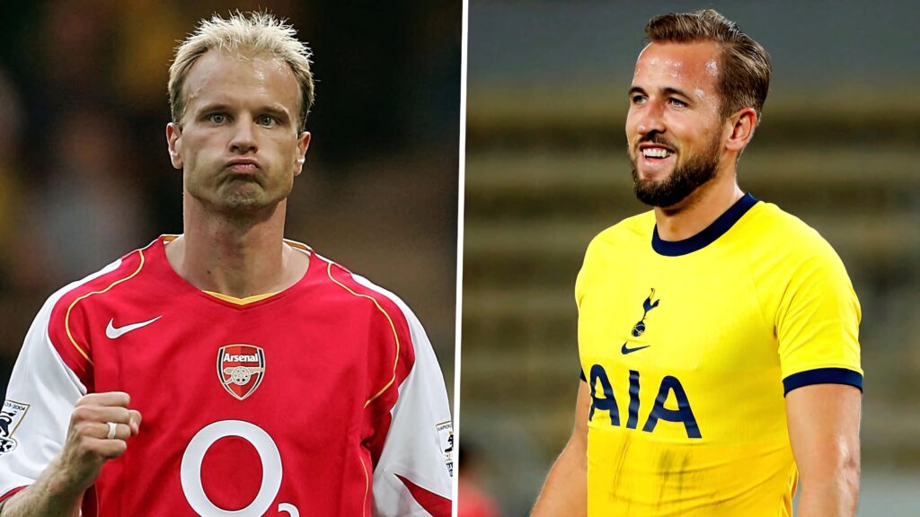 Dennis Bergkamp in red Arsenal jersey and Harry Kane in yellow Spurs kit split-screen wallpaper