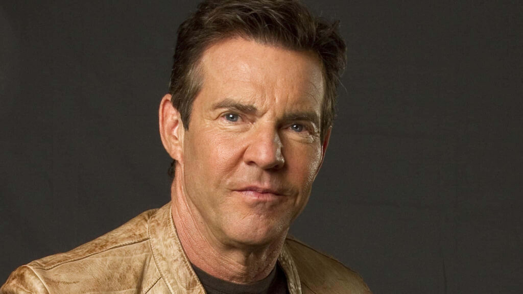 Dennis Quaid portrait with tan leather jacket confident expression dark background wallpaper