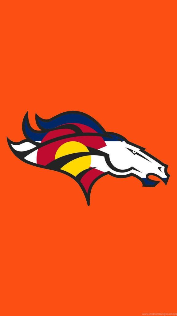 Denver Broncos horse logo wallpaper with bold blue red yellow colors on vibrant orange background
