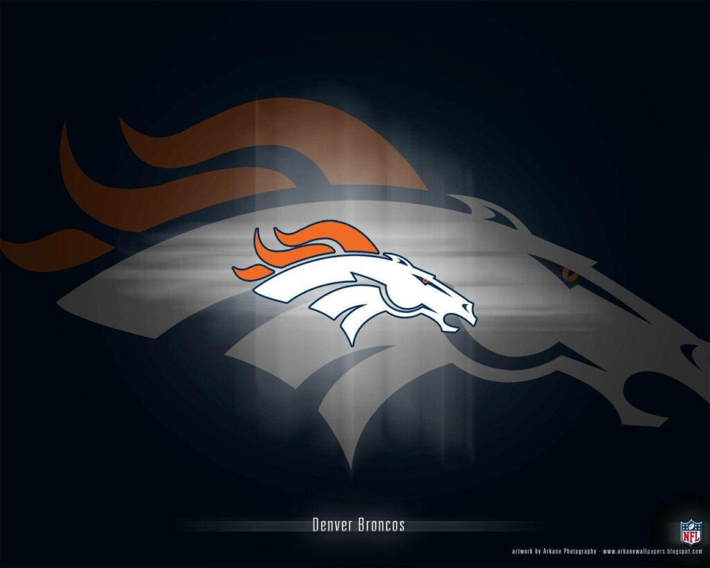 Denver Broncos logo with fierce bronco head in white orange navy blue on dark textured background Wallpaper