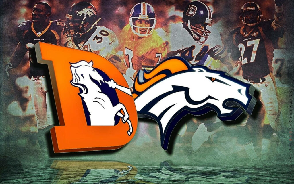Denver Broncos collage wallpaper featuring legendary players and bold team logos in action
