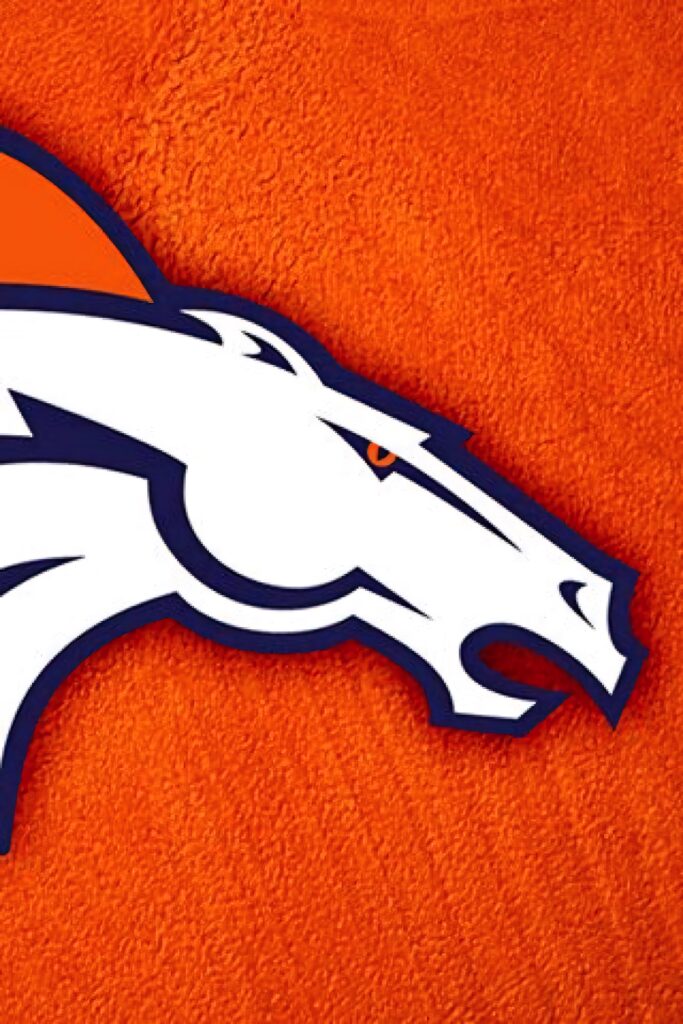 Closeup Denver Broncos logo white bronco head blue outlines orange mane bold orange background Wallpaper