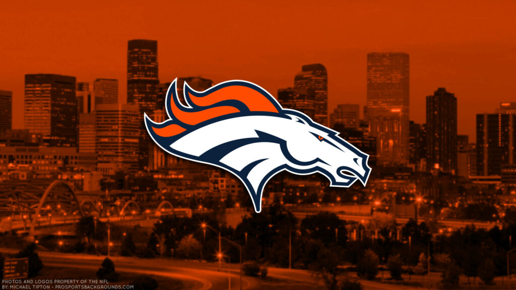 Denver Broncos logo over vibrant orange Denver cityscape sports wallpaper background