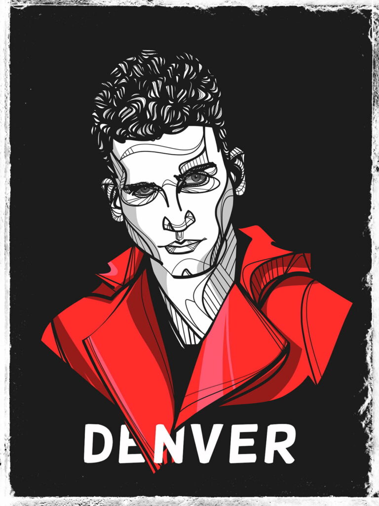 Denver's Deceptive Caper: A High-Definition Phone Wallpaper, Featuring the Money Heist Crew on a Captivating Black Artistic Backdrop