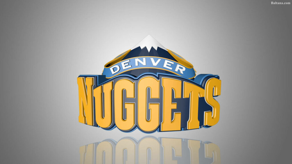 Denver Nuggets 3D logo with yellow blue letters and snow-capped mountain on gray background Wallpaper