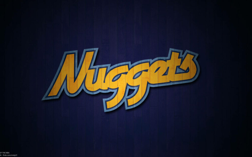 Denver Nuggets logo gold blue script on dark textured background basketball wallpaper design
