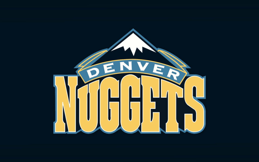 Denver Nuggets logo with bold yellow text and white mountain on deep blue NBA wallpaper background