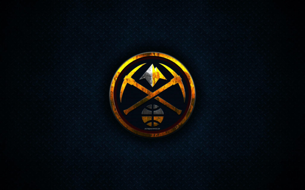 Denver Nuggets logo with crossed pickaxes mountain peak metal texture industrial wallpaper background