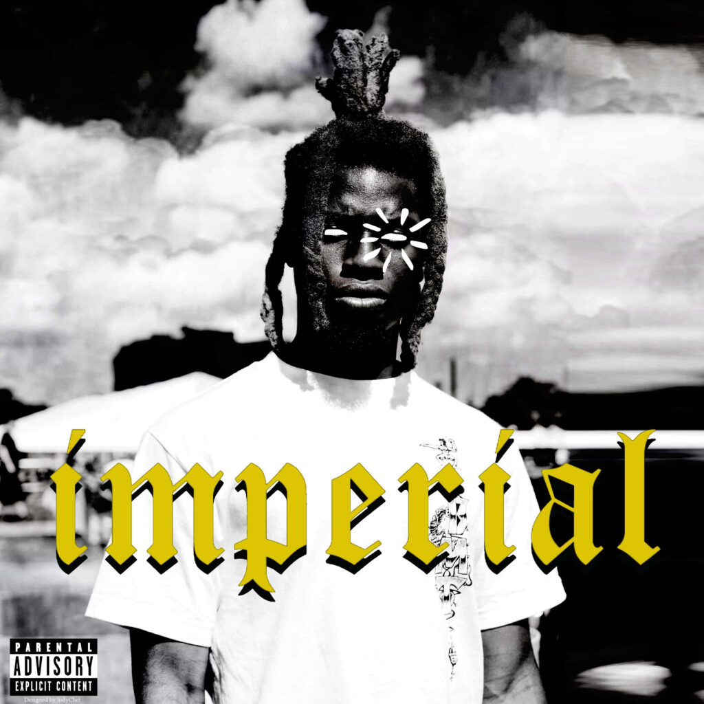 Denzel Curry Imperial album cover black white wallpaper with yellow gothic text surreal eye design