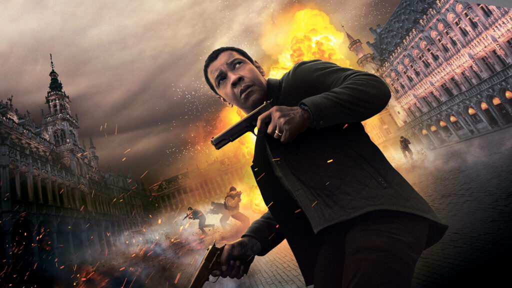 Denzel Washington intense action scene Equalizer 2 holding gun explosion dramatic cityscape background Wallpaper