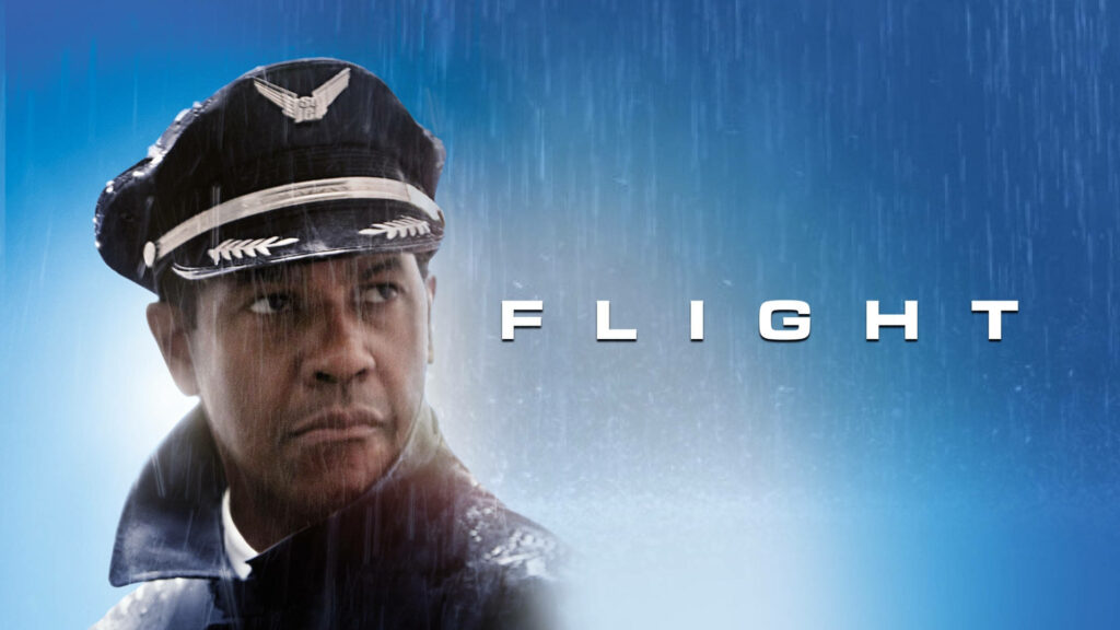 Denzel Washington in pilot uniform with rainy blue backdrop intense Flight movie wallpaper background