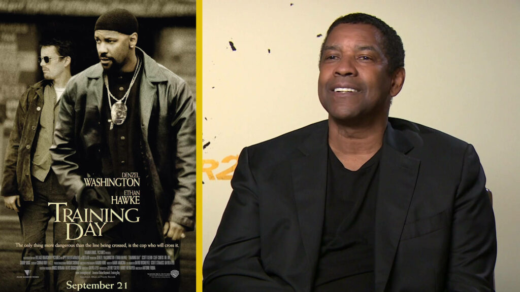 Denzel Washington Training Day wallpaper combining iconic movie poster and modern portrait background