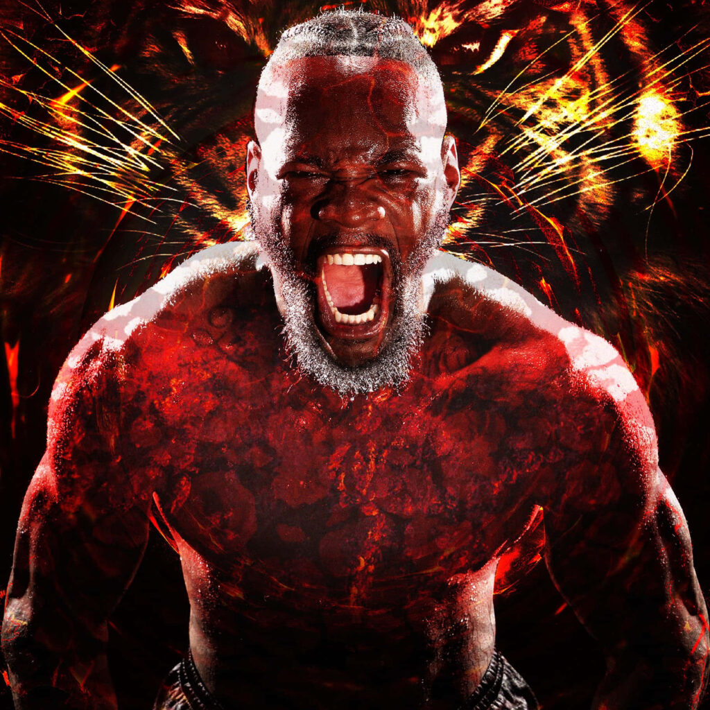 Deontay Wilder mid-roar with fiery lion background intense red orange boxing strength energy Wallpaper