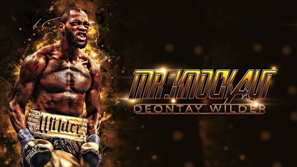 Deontay Wilder intense boxing pose with golden tones and bold text high impact wallpaper background