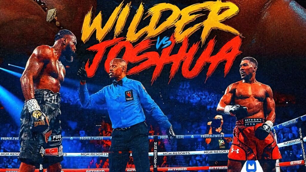 Heavyweight boxing showdown between Deontay Wilder and Anthony Joshua vibrant arena wallpaper