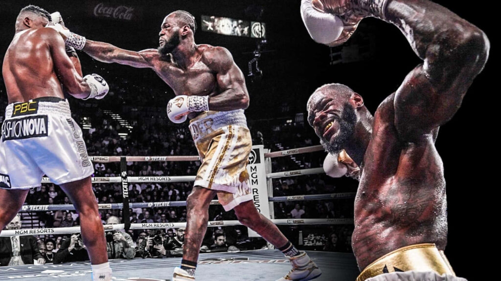 Deontay Wilder vs Luis Ortiz boxing intense rivalry action sweat-soaked dramatic lighting wallpaper