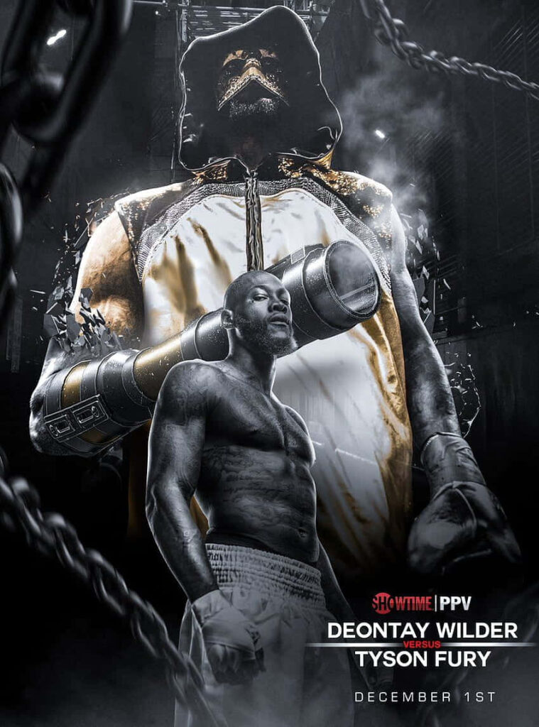 Deontay Wilder vs Tyson Fury intense boxing rivalry poster with dramatic lighting and bold contrast Wallpaper