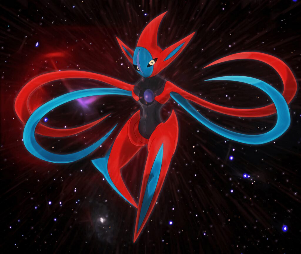Deoxys Attack Form bursts through cosmic stars with glowing red and blue energy lines wallpaper