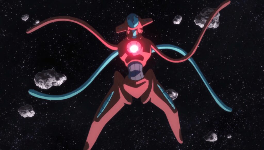 Deoxys floating in space with glowing core surrounded by asteroids vibrant red blue cosmic background Wallpaper