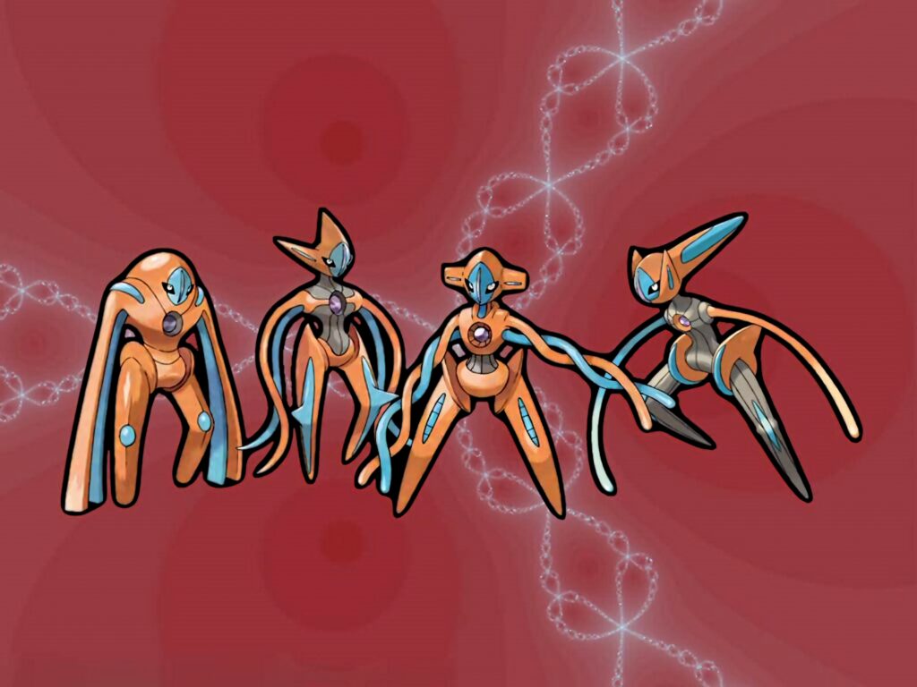 Deoxys Pokemon in four forms with vibrant orange blue accents on red abstract digital art background Wallpaper