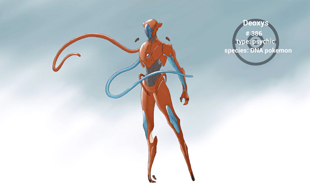 Deoxys Pokemon fanart wallpaper dynamic pose red blue hues psychic energy minimalist art