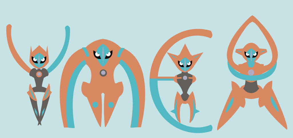 Stylized Deoxys Wallpaper: All Forms on Light Blue Background