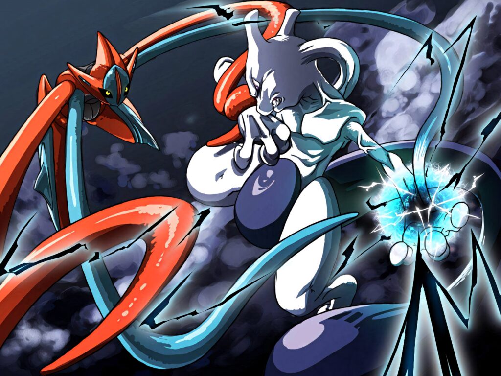 Deoxys and Mewtwo anime battle with blue energy and crystalline arms against dark sky wallpaper