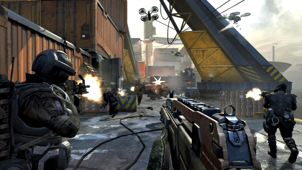 Call of Duty: Black Ops II Wallpaper - Soldiers in intense battle scene with drones and explosions in industrial setting