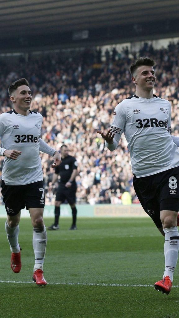 Derby County Mason Mount and Harry Wilson celebrate goal in white black kits vibrant stadium wallpaper