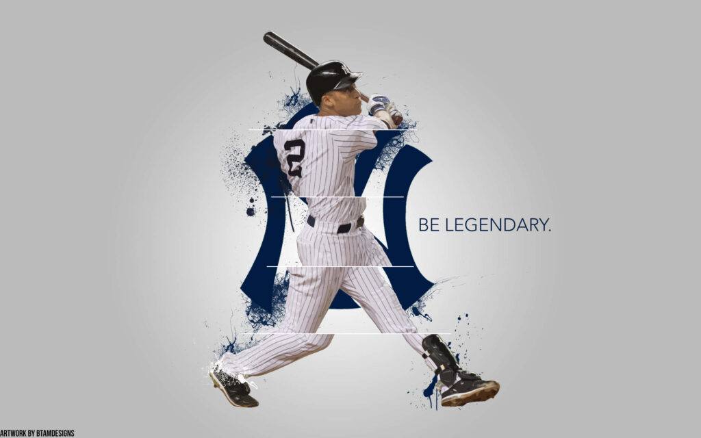 Derek Jeter in classic batting stance at Yankee Stadium with Yankees logo and Be Legendary text Wallpaper