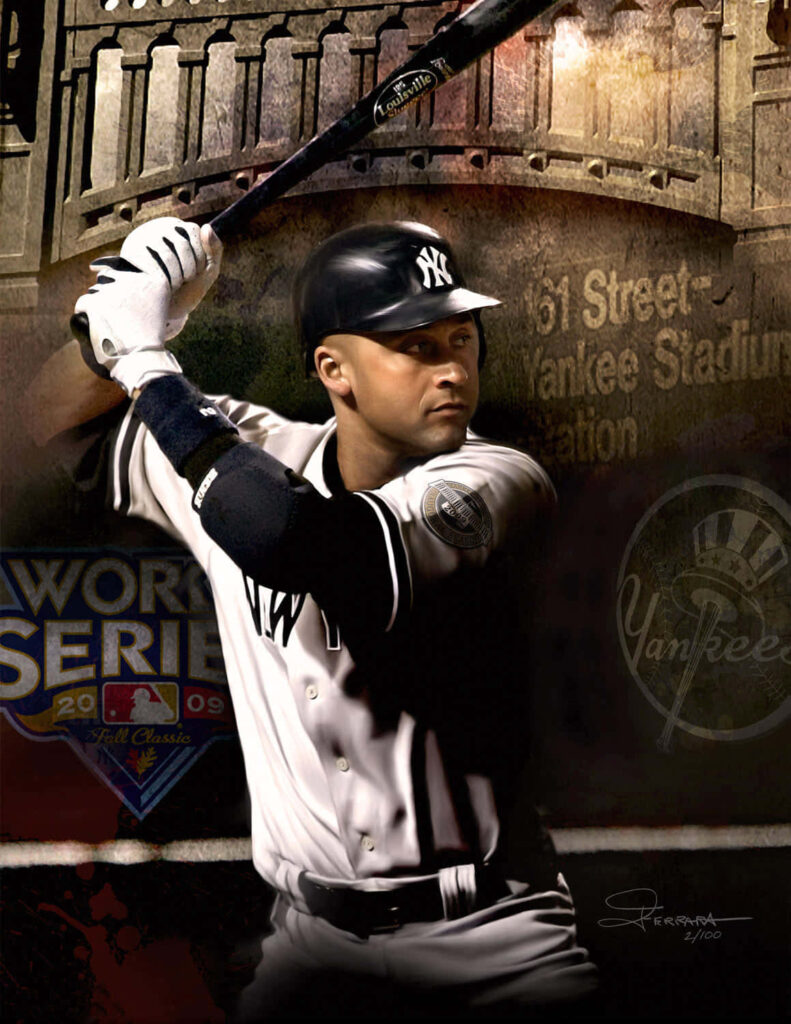Derek Jeter batting in New York Yankees uniform with World Series and Yankees logos wallpaper