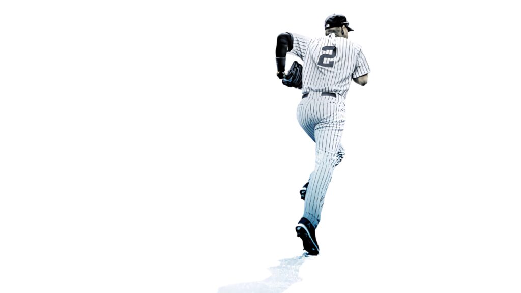 Derek Jeter running in pinstripe Yankees uniform minimalist wallpaper with white background
