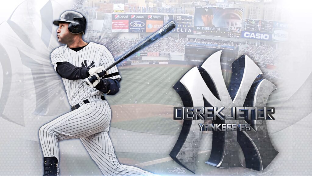 Derek Jeter Yankees wallpaper ready to swing in pinstripe uniform with dynamic stadium background