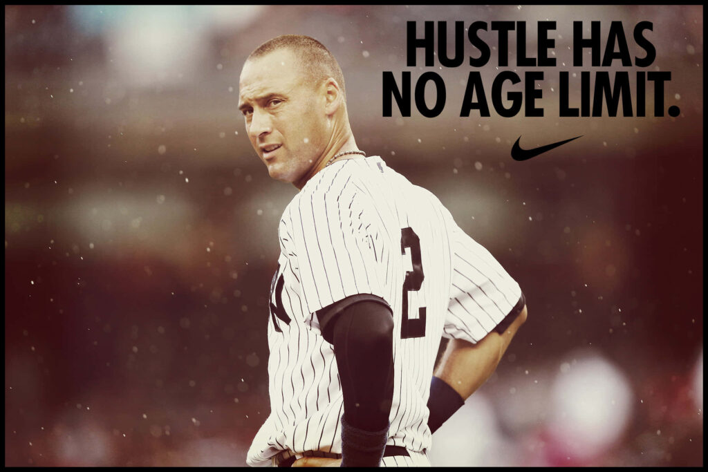 Derek Jeter in Yankees pinstripe uniform number 2 with Nike Hustle Has No Age Limit quote background Wallpaper