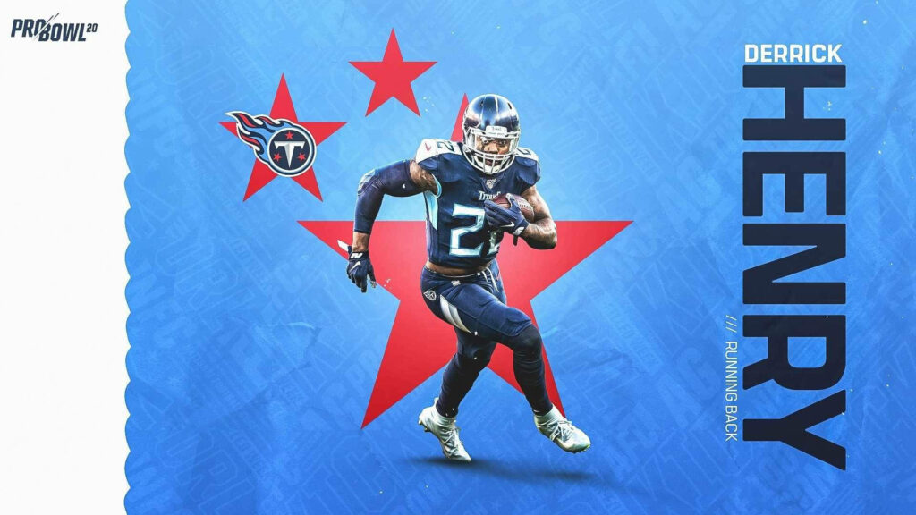 Derrick Henry running back action wallpaper with Tennessee Titans logo red stars blue background