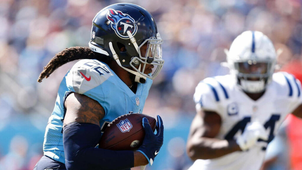 Derrick Henry running in Tennessee Titans uniform with vibrant blue and white action background Wallpaper