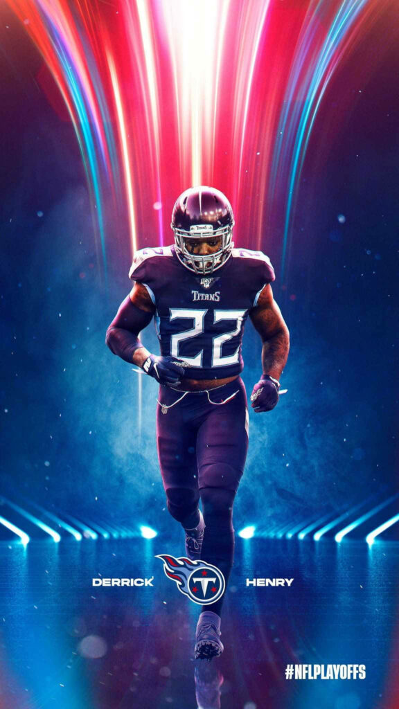 Derrick Henry in Tennessee Titans uniform running with neon blue lights electrifying NFL wallpaper