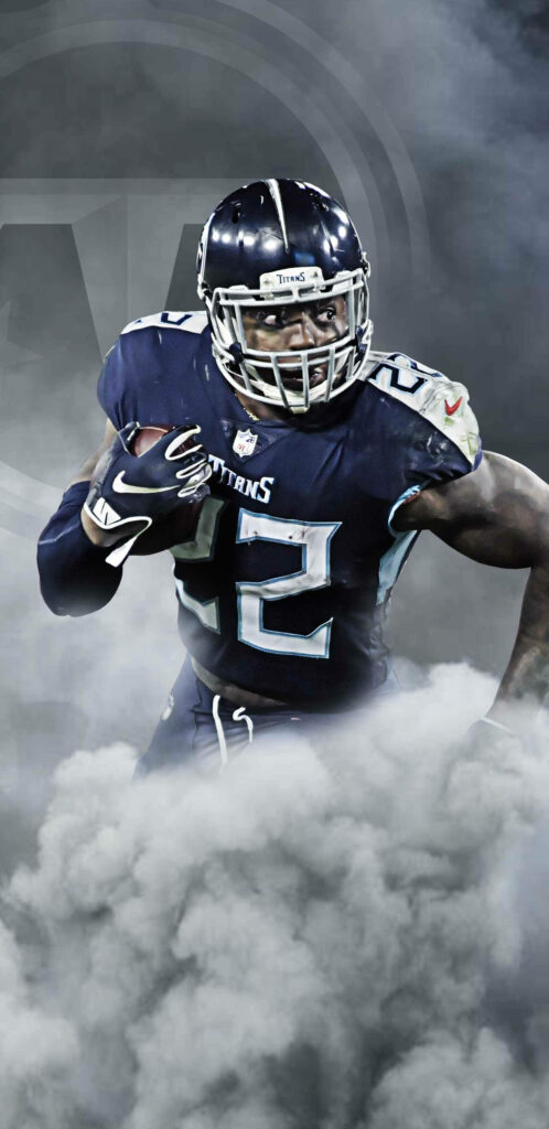 Derrick Henry in Tennessee Titans uniform with intense focus and smoky dark background wallpaper