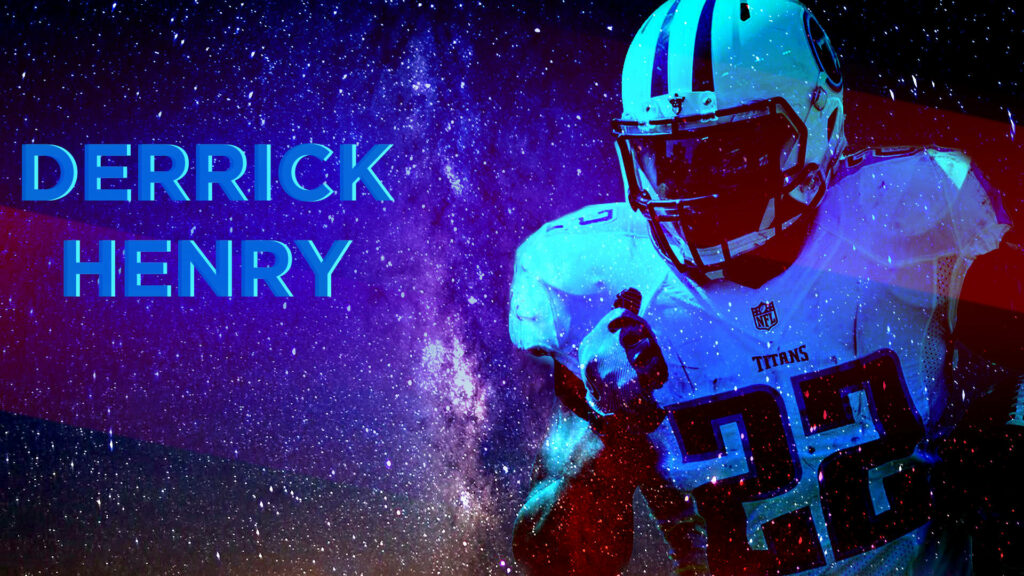 Derrick Henry Tennessee Titans in dynamic pose with vibrant cosmic blue purple galactic background wallpaper
